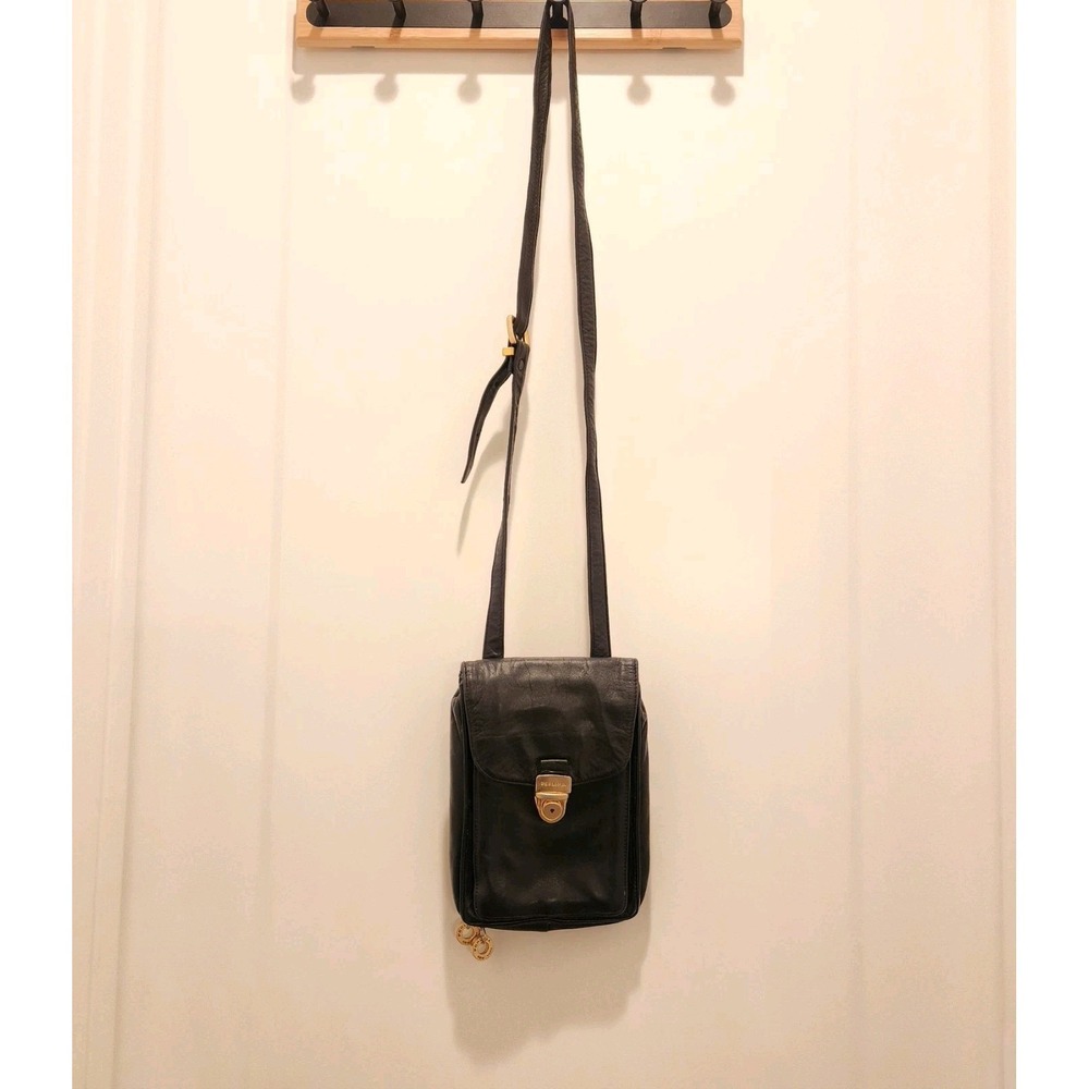 Vintage‎ Perlina Black Leather Crossbody Bag Organizer Travel 90s Quiet Luxury